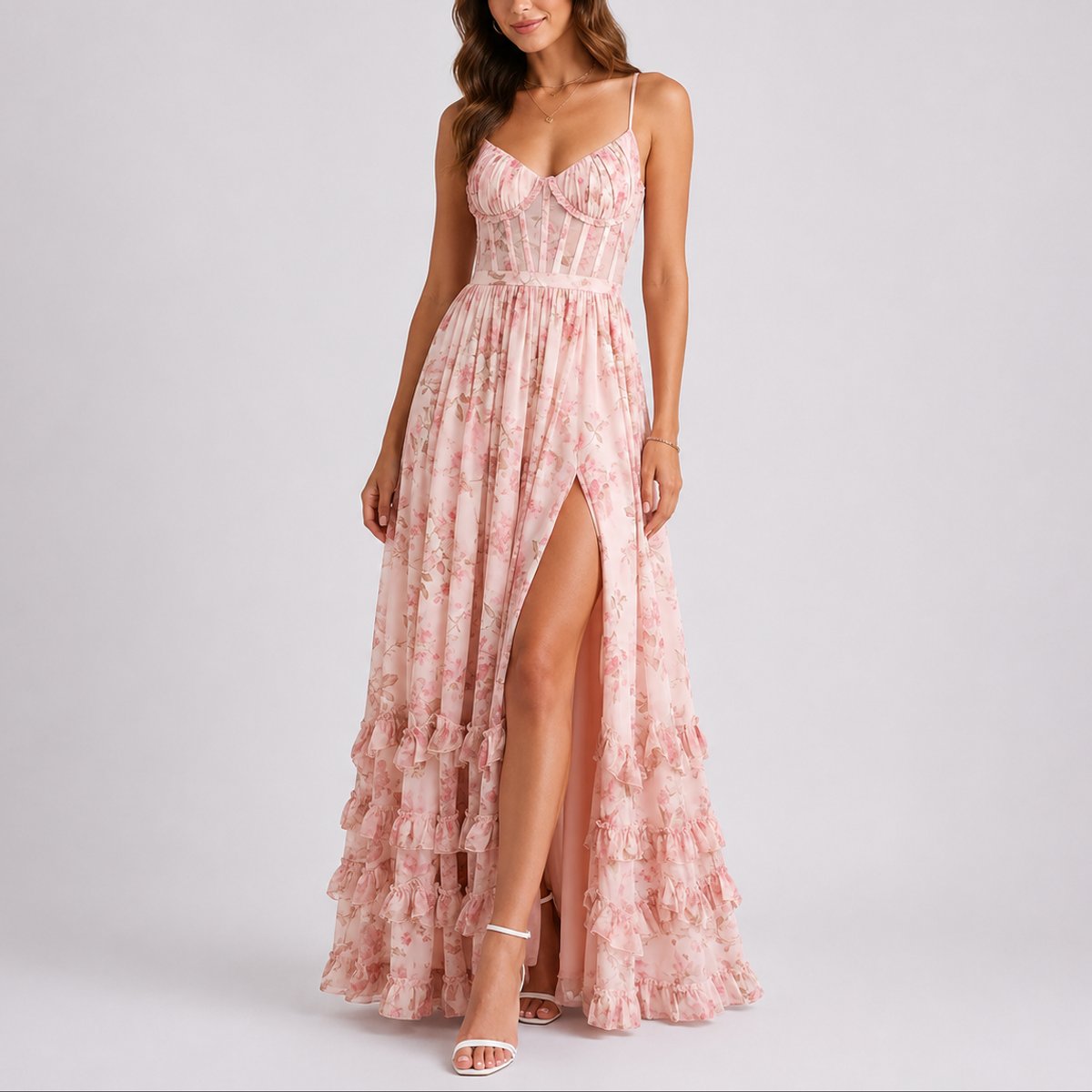 Women's Floral Corset Maxi Dress - Ruffled Wedding Guest | Summer - Pink