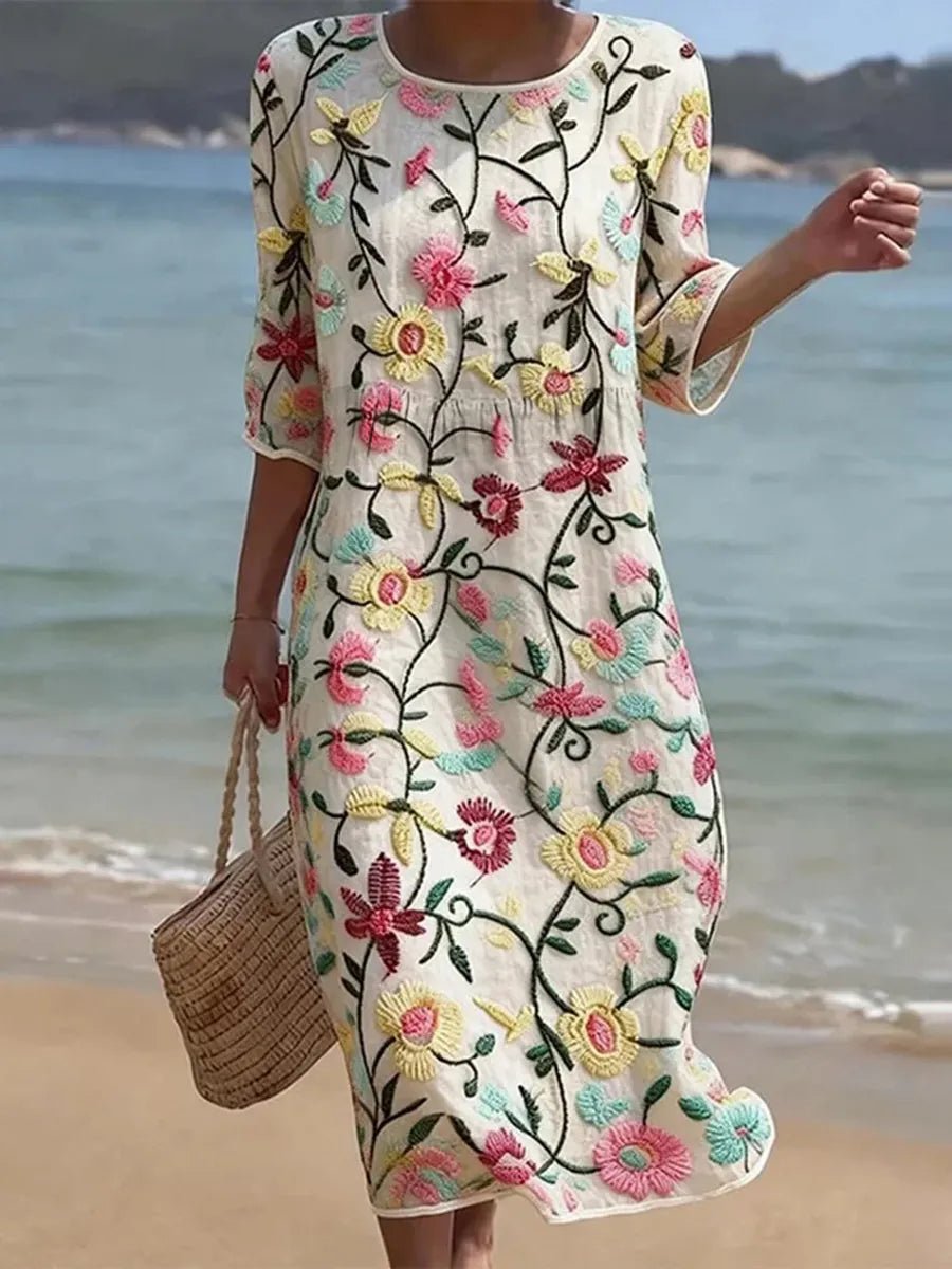 Women's Floral Embroidered Midi Dress - Garden Party | Summer - Multicolor