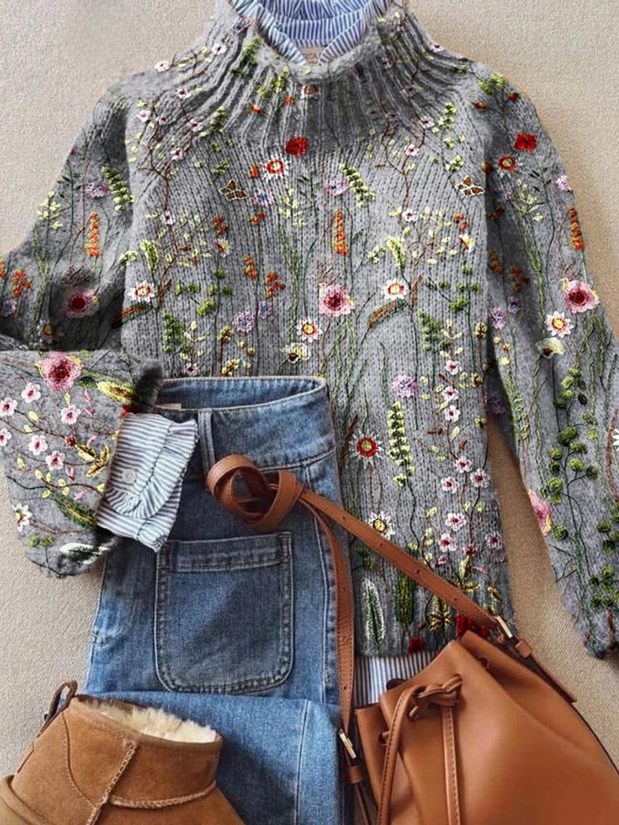 Women's Floral Embroidered Turtleneck Sweater - Relaxed Knit | Autumn - Multicolor