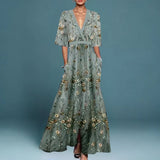 Women's Floral Embroidered V-Neck Maxi Dress - Formal Evening | Spring - Blue