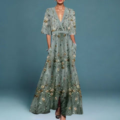 Women's Floral Embroidered V-Neck Maxi Dress - Formal Evening | Spring - Blue