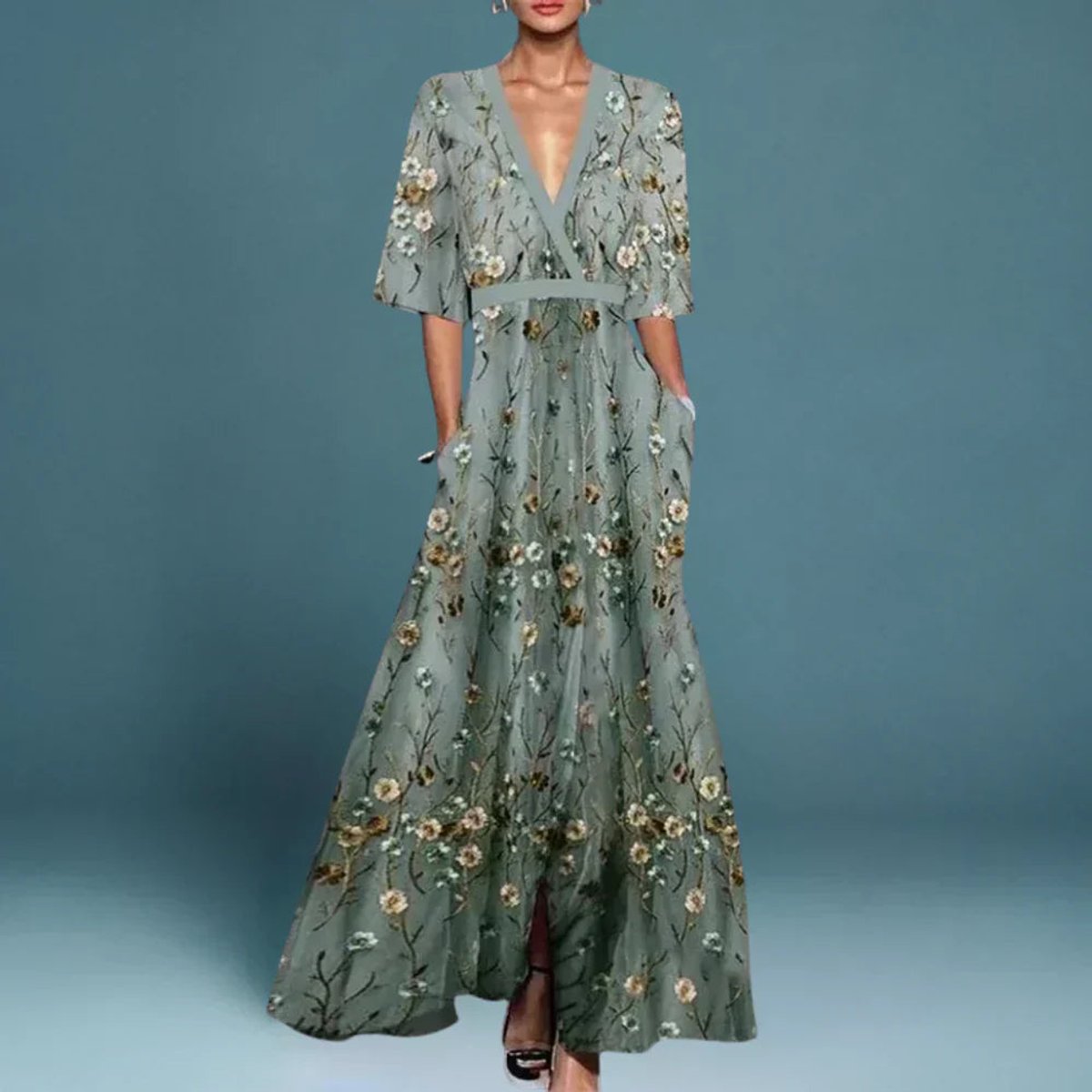 Women's Floral Embroidered V-Neck Maxi Dress - Formal Evening | Spring - Blue