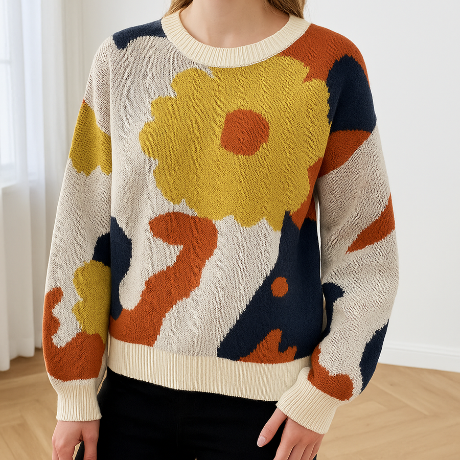 Women's Floral Knit Sweater - Abstract Bloom Pattern | Fall - Yellow