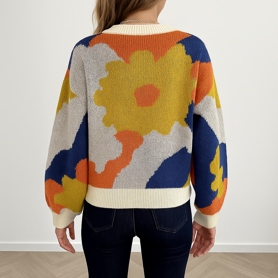 Women's Floral Knit Sweater - Abstract Bloom Pattern | Fall