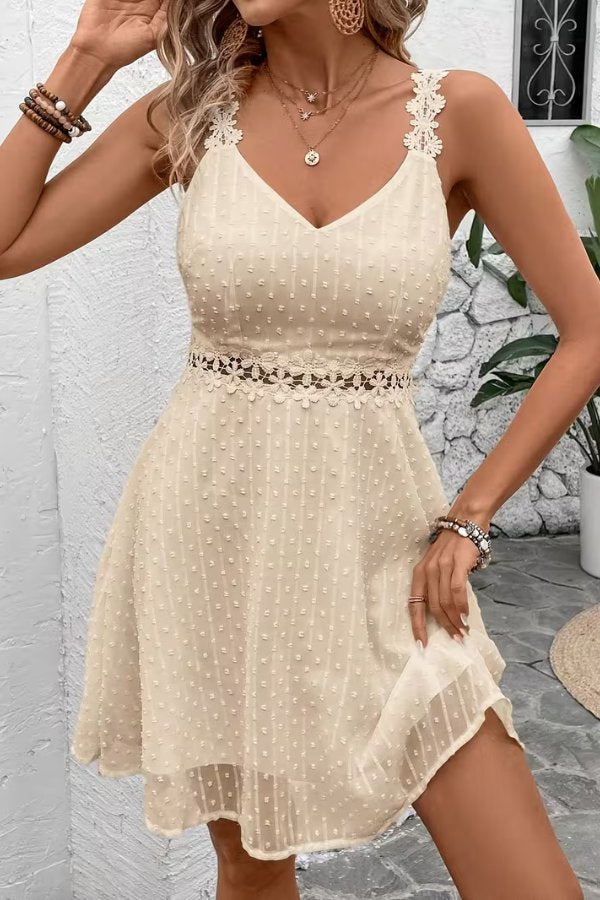 Women's Floral Lace-Waist Mini Dress - V-Neck Spaghetti Strap | Summer - Apricot