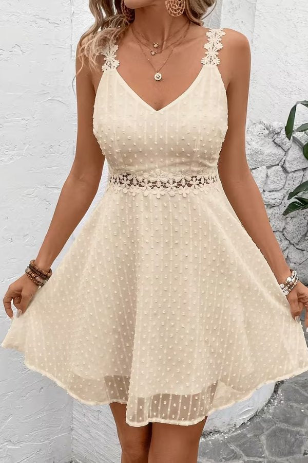 Women's Floral Lace-Waist Mini Dress - V-Neck Spaghetti Strap | Summer