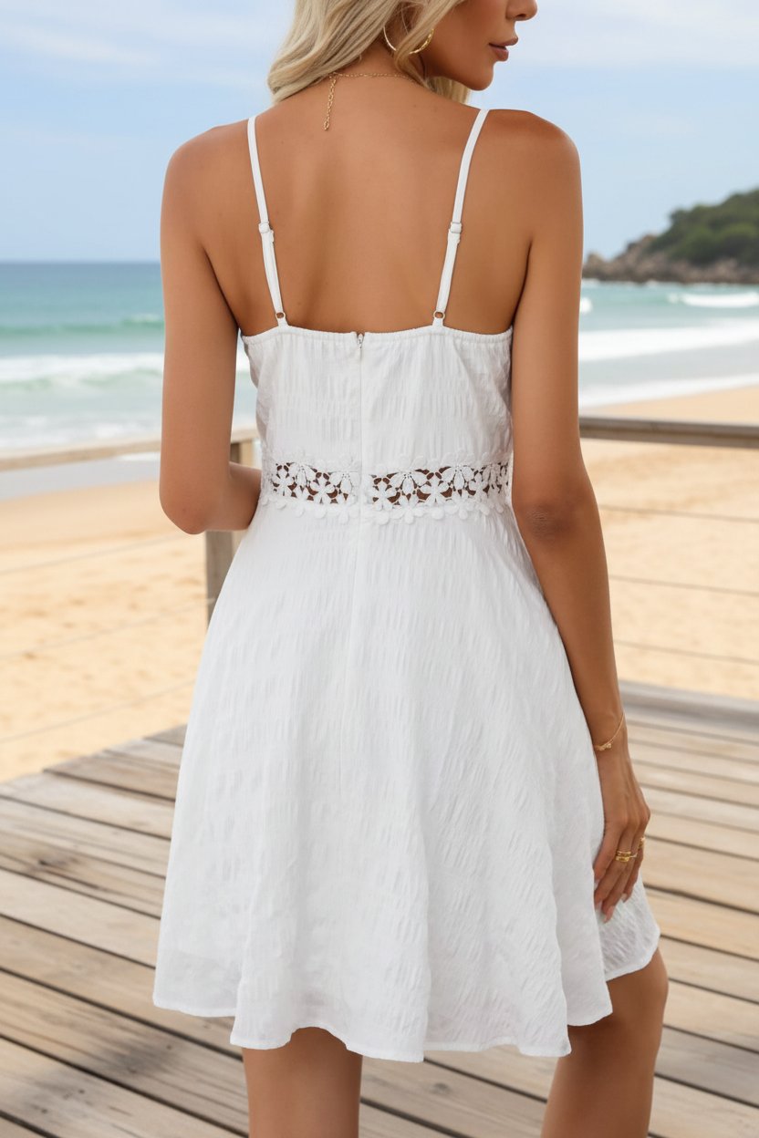 Women's Floral Lace-Waist Mini Dress - V-Neck Spaghetti Strap | Summer