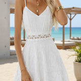 Women's Floral Lace-Waist Mini Dress - V-Neck Spaghetti Strap | Summer - White