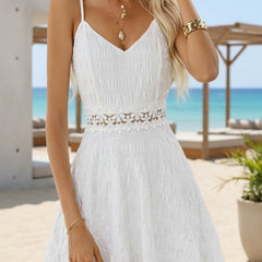 Women's Floral Lace-Waist Mini Dress - V-Neck Spaghetti Strap | Summer - White