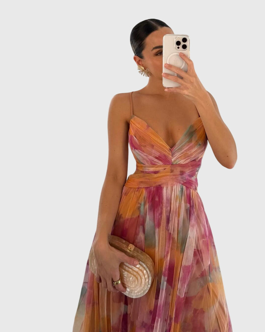 Women's Floral Maxi Dress - Adjustable Crisscross Straps | Summer