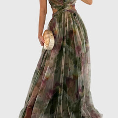 Women's Floral Maxi Dress - Adjustable Crisscross Straps | Summer - Green
