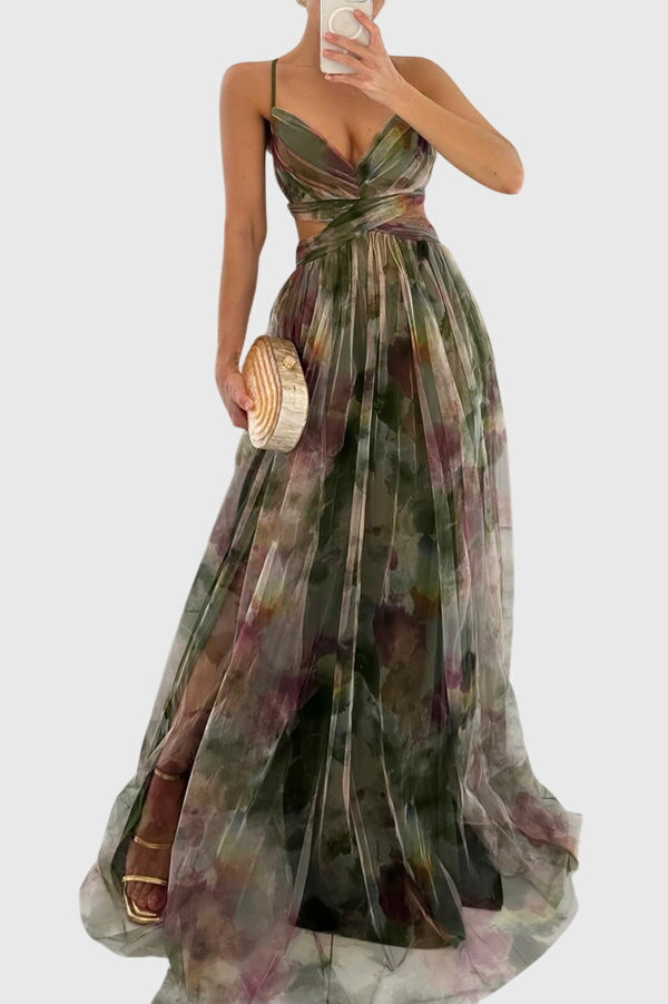Women's Floral Maxi Dress - Adjustable Crisscross Straps | Summer - Green