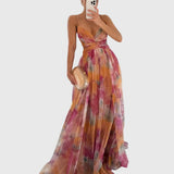Women's Floral Maxi Dress - Adjustable Crisscross Straps | Summer - Orange
