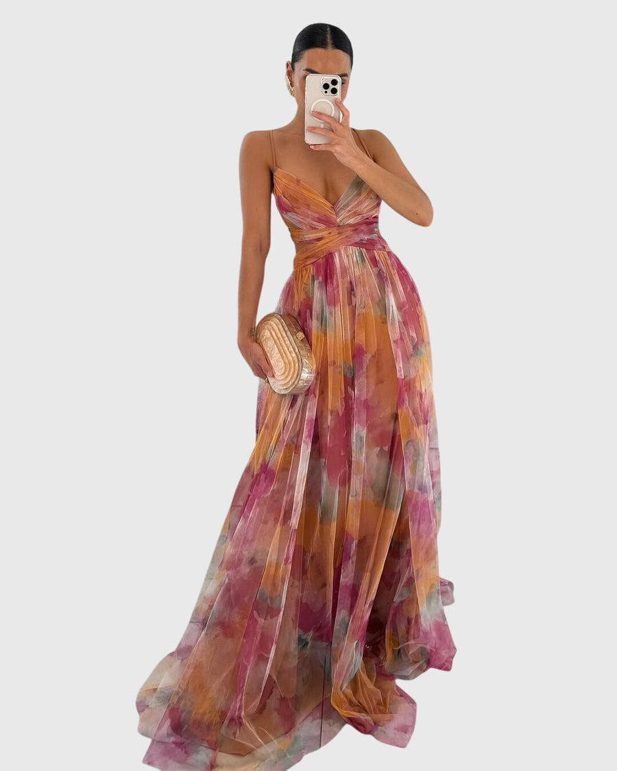 Women's Floral Maxi Dress - Adjustable Crisscross Straps | Summer - Orange