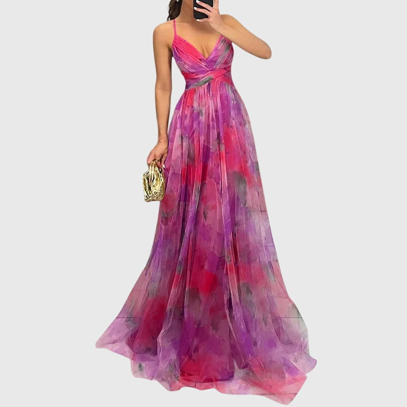 Women's Floral Maxi Dress - Adjustable Crisscross Straps | Summer - Pink