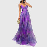 Women's Floral Maxi Dress - Adjustable Crisscross Straps | Summer - Purple