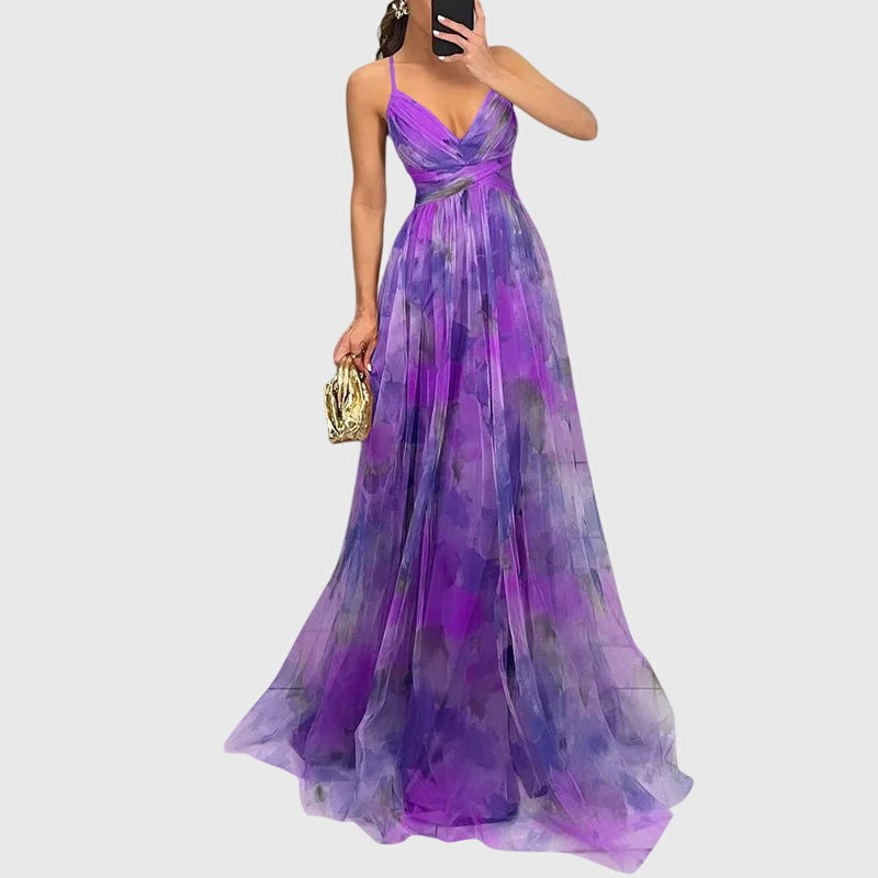 Women's Floral Maxi Dress - Adjustable Crisscross Straps | Summer - Purple