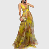 Women's Floral Maxi Dress - Adjustable Crisscross Straps | Summer - Yellow