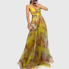 Women's Floral Maxi Dress - Adjustable Crisscross Straps | Summer - Yellow