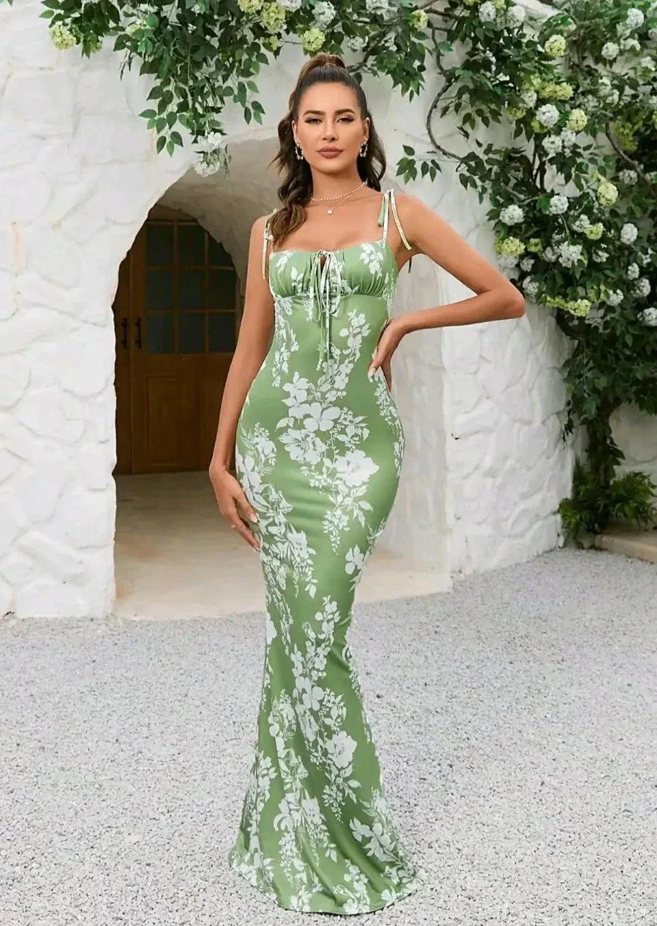 Women's Floral Maxi Dress | Ruched Details | Elegant | Summer - Green
