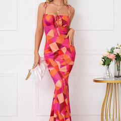 Women's Floral Maxi Dress | Ruched Details | Elegant | Summer - Red