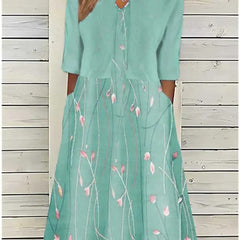 Women's Floral Midi Dress 3/4 Sleeve Cotton Blend - Casual | Spring - Green