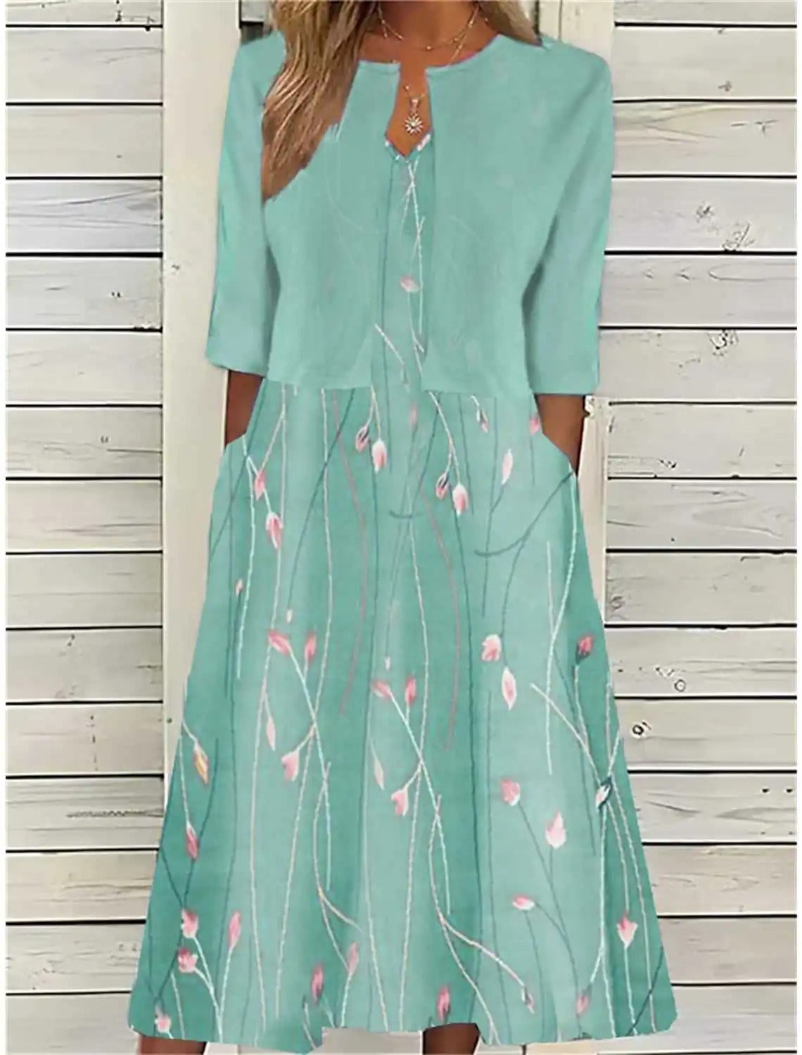 Women's Floral Midi Dress 3/4 Sleeve Cotton Blend - Casual | Spring - Green