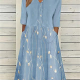 Women's Floral Midi Dress 3/4 Sleeve Cotton Blend - Casual | Spring - Light Blue