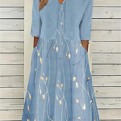 Women's Floral Midi Dress 3/4 Sleeve Cotton Blend - Casual | Spring - Light Blue