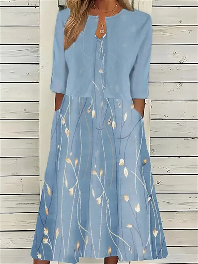 Women's Floral Midi Dress 3/4 Sleeve Cotton Blend - Casual | Spring - Light Blue