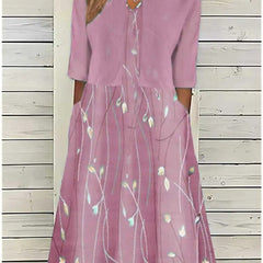 Women's Floral Midi Dress 3/4 Sleeve Cotton Blend - Casual | Spring - Pink
