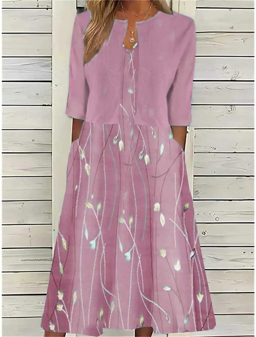 Women's Floral Midi Dress 3/4 Sleeve Cotton Blend - Casual | Spring - Pink