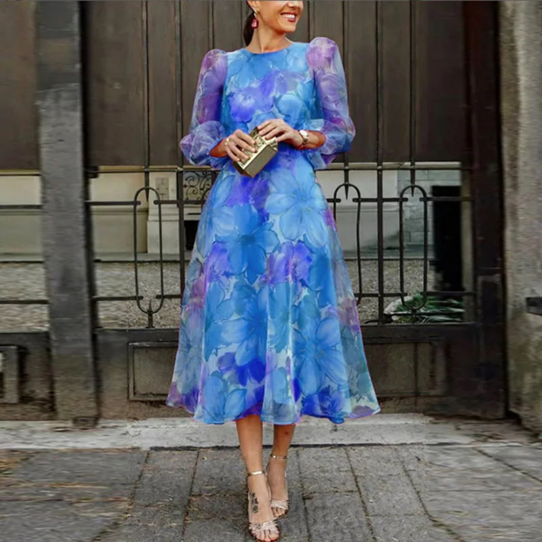 Women's Floral Midi Dress - Elegant Wedding Guest Formal | Spring - Blue
