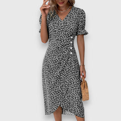 Women's Floral Midi Dress - Puff Sleeve | Summer - Black
