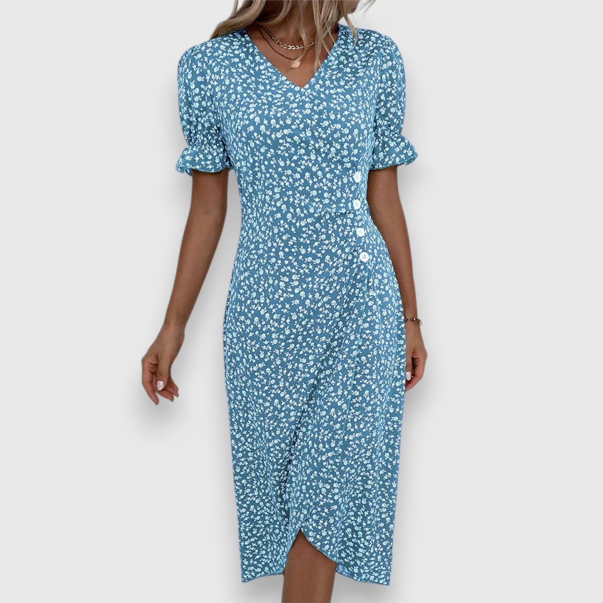 Women's Floral Midi Dress - Puff Sleeve | Summer - Blue