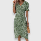 Women's Floral Midi Dress - Puff Sleeve | Summer - Green