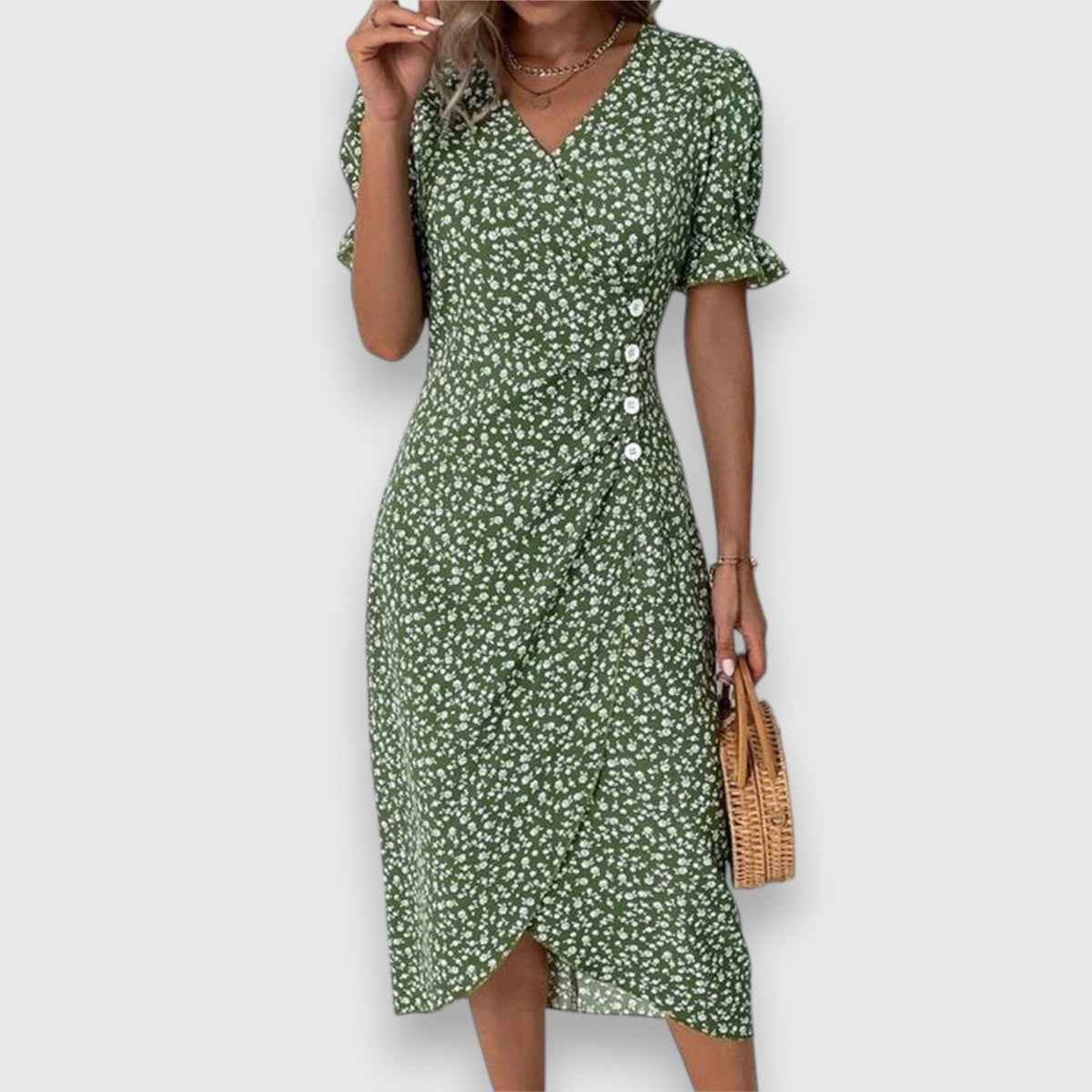 Women's Floral Midi Dress - Puff Sleeve | Summer - Green