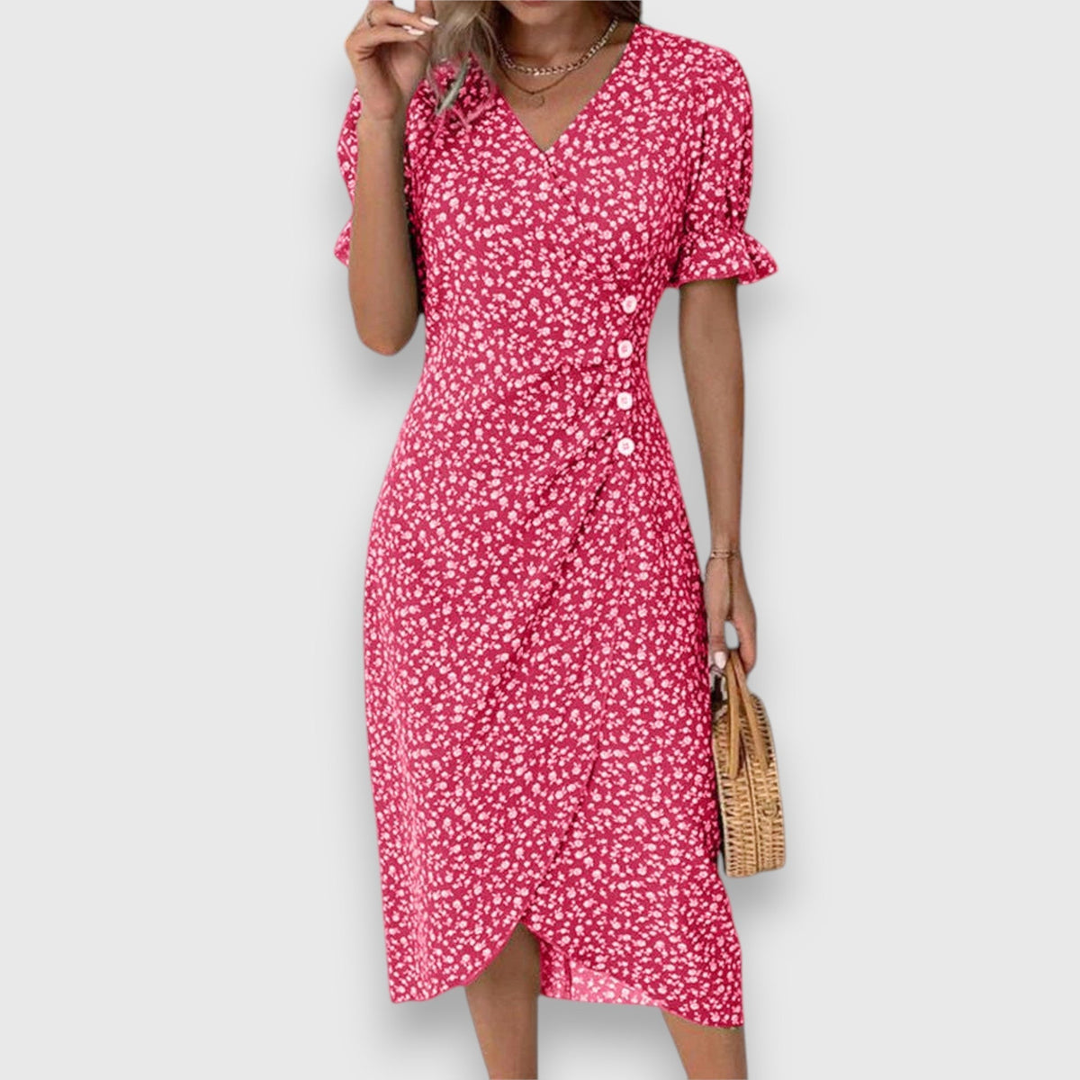 Women's Floral Midi Dress - Puff Sleeve | Summer - Red
