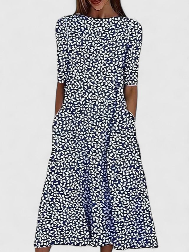 Women's Floral Midi Dress - Summery Coastal Print | Spring - Dark Blue