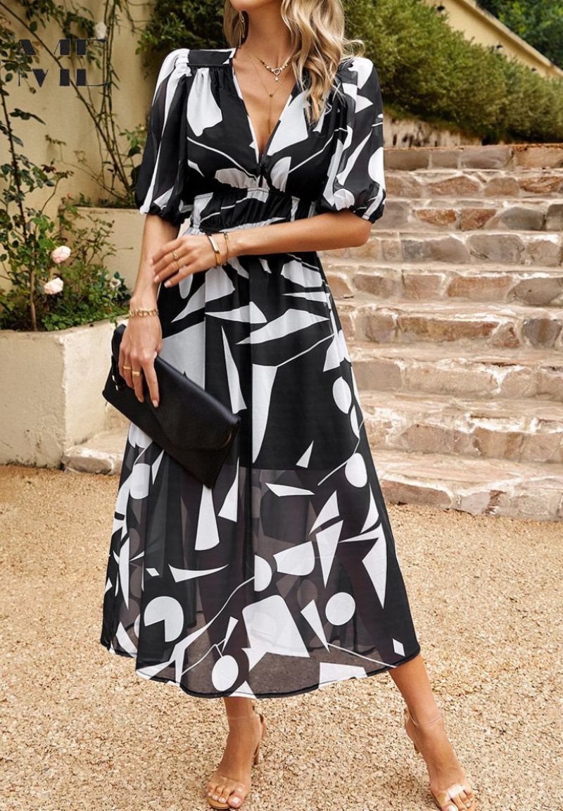 Women's Floral Midi Dress with Puff Sleeves - Elegant Garden Party Sty