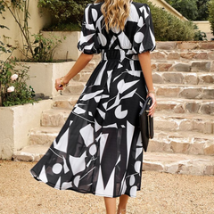 Women's Floral Midi Dress with Puff Sleeves - Elegant Garden Party Sty
