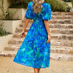 Women's Floral Midi Dress with Puff Sleeves - Elegant Garden Party Sty