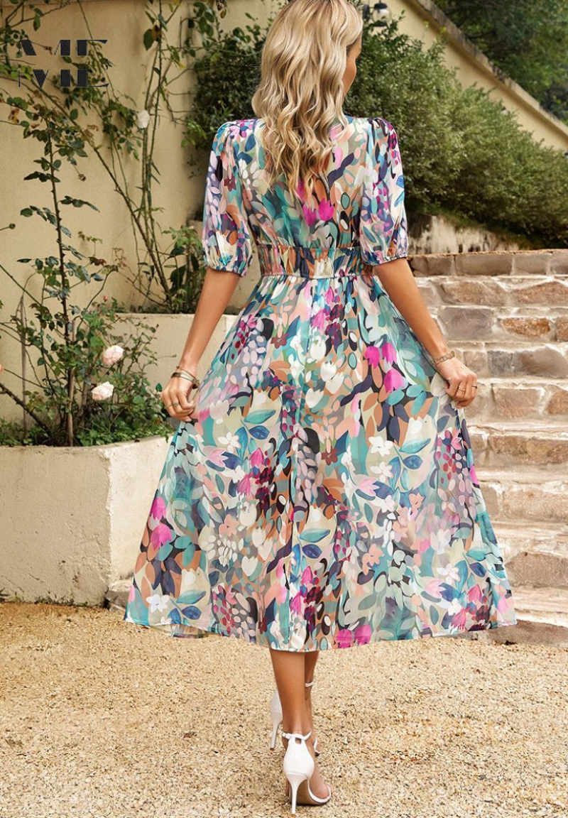 Women's Floral Midi Dress with Puff Sleeves - Elegant Garden Party Sty
