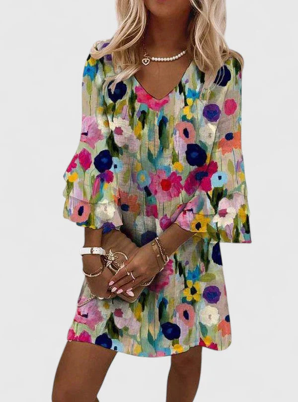 Women's Floral Mini Dress with V-Neckline | Spring - Multicolored
