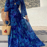 Women's Floral Off-Shoulder Maxi Dress - Bardot Neckline | Spring - Blue