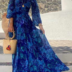 Women's Floral Off-Shoulder Maxi Dress - Bardot Neckline | Spring - Blue