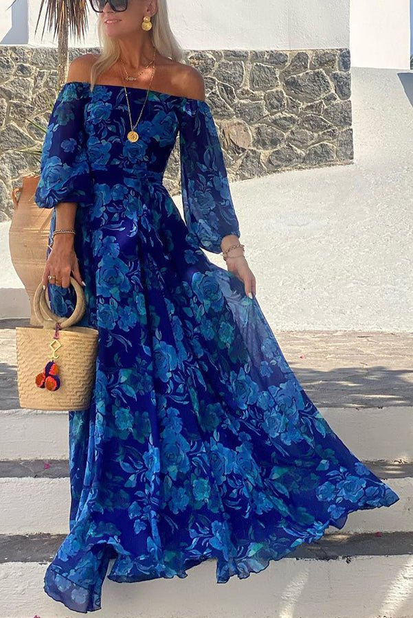 Women's Floral Off-Shoulder Maxi Dress - Bardot Neckline | Spring - Blue
