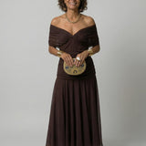 Women's Floral Off-Shoulder Midi Dress - Draped Neckline | Spring - Brown