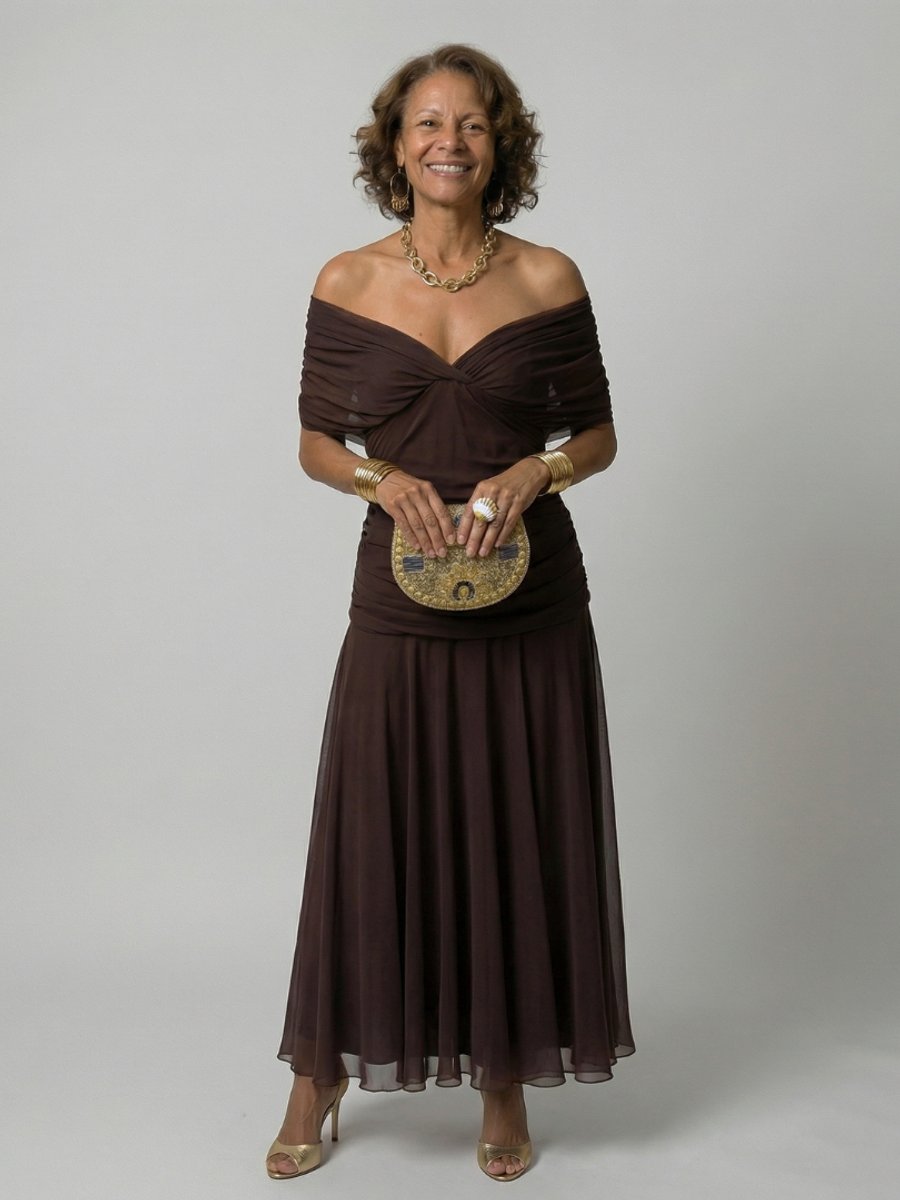 Women's Floral Off-Shoulder Midi Dress - Draped Neckline | Spring - Brown