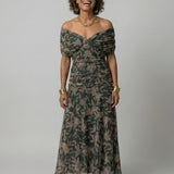 Women's Floral Off-Shoulder Midi Dress - Draped Neckline | Spring - Dark Green